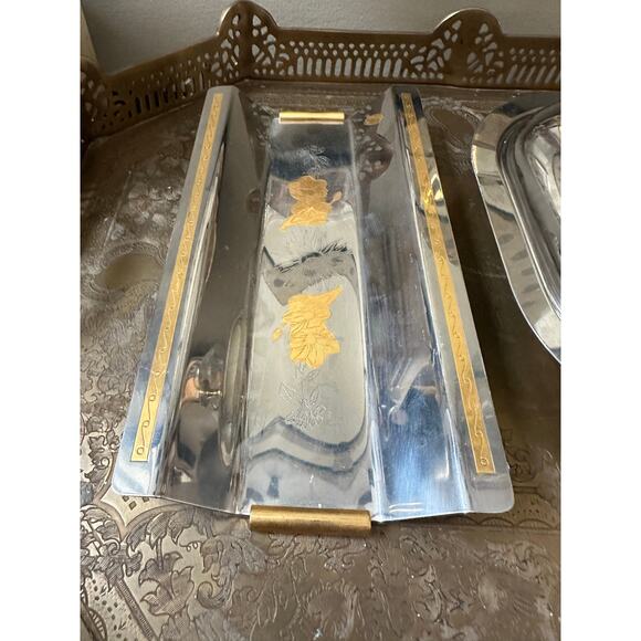 MCM Stainless Steel Lidded Butter Dish caviar cake tray set gold floral fasix - Picture 16 of 16